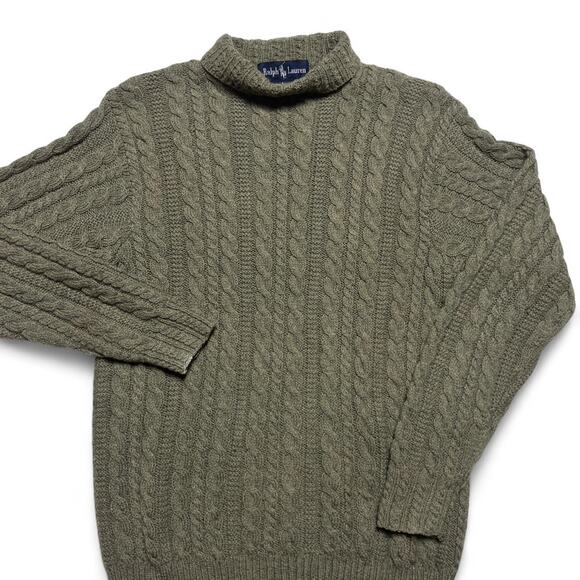 Polo Ralph Lauren 80s Vintage 100% Wool Hand Cable Knit Turtleneck Sweater Large - Picture 2 of 6